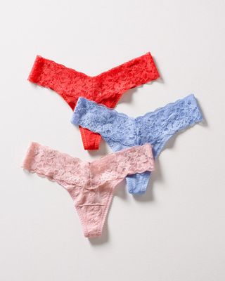 Soma Embraceable Signature All-Over Lace Thong 3-Pack, RED DAHLIA MULTI PACK