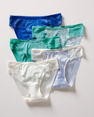 Soma Vanishing Edge Microfiber Bikini with Lace 5 Pack, MARBLE DREAMS BLUE MLT PK, Size L