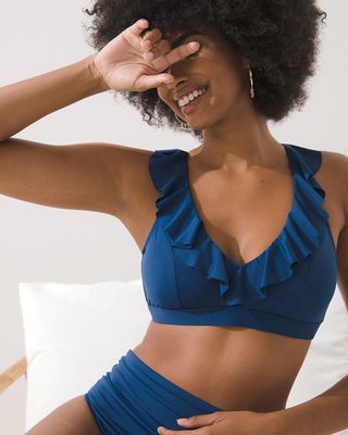 Soma Bleu Rod Beattie Ruffle Over-the-Shoulder Bikini Swim Top, Blue, size 38D