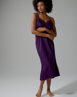 Soma Crinkle Satin Gown with Lace, Purple, size S