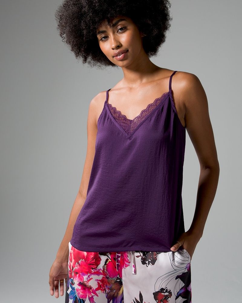 Soma Crinkle Satin Cami with Lace, Purple, size XL