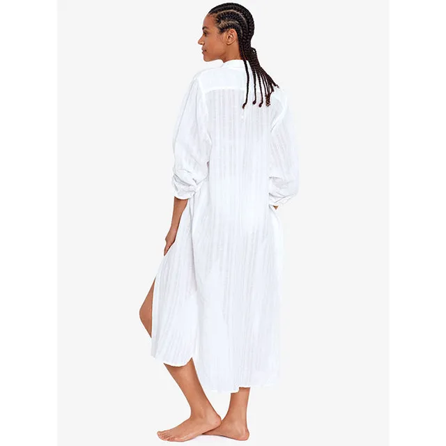 Women's Striped Cotton Long Shirt Cover-Up