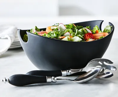 Laura Matte Salad Bowl with Servers, Black