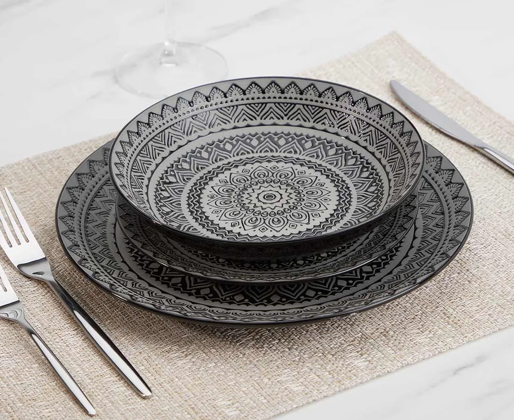 Maasai 12-Pc Dinnerware Set, Grey & Black