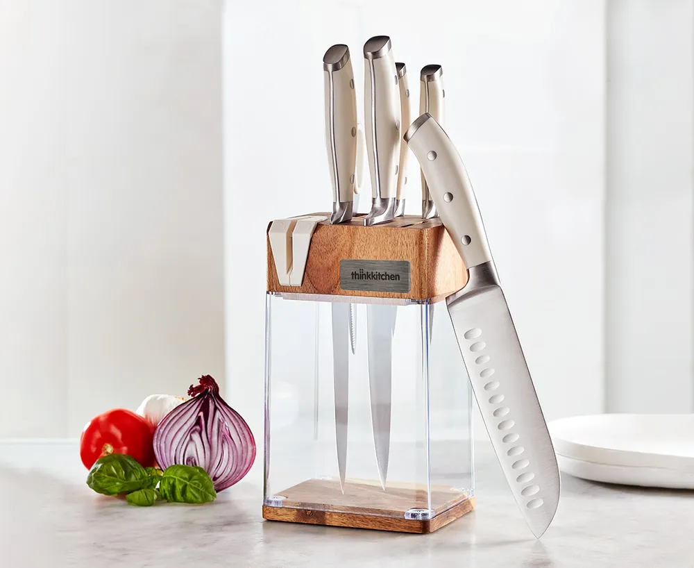 thinkkitchen Clearcut 7-Pc Knife Set with Wood & Acrylic Block, White