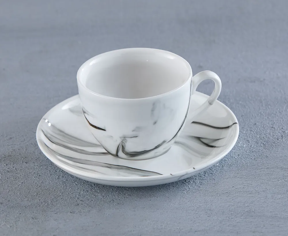 Marble Cup with Saucer, White & Grey, 120 ml