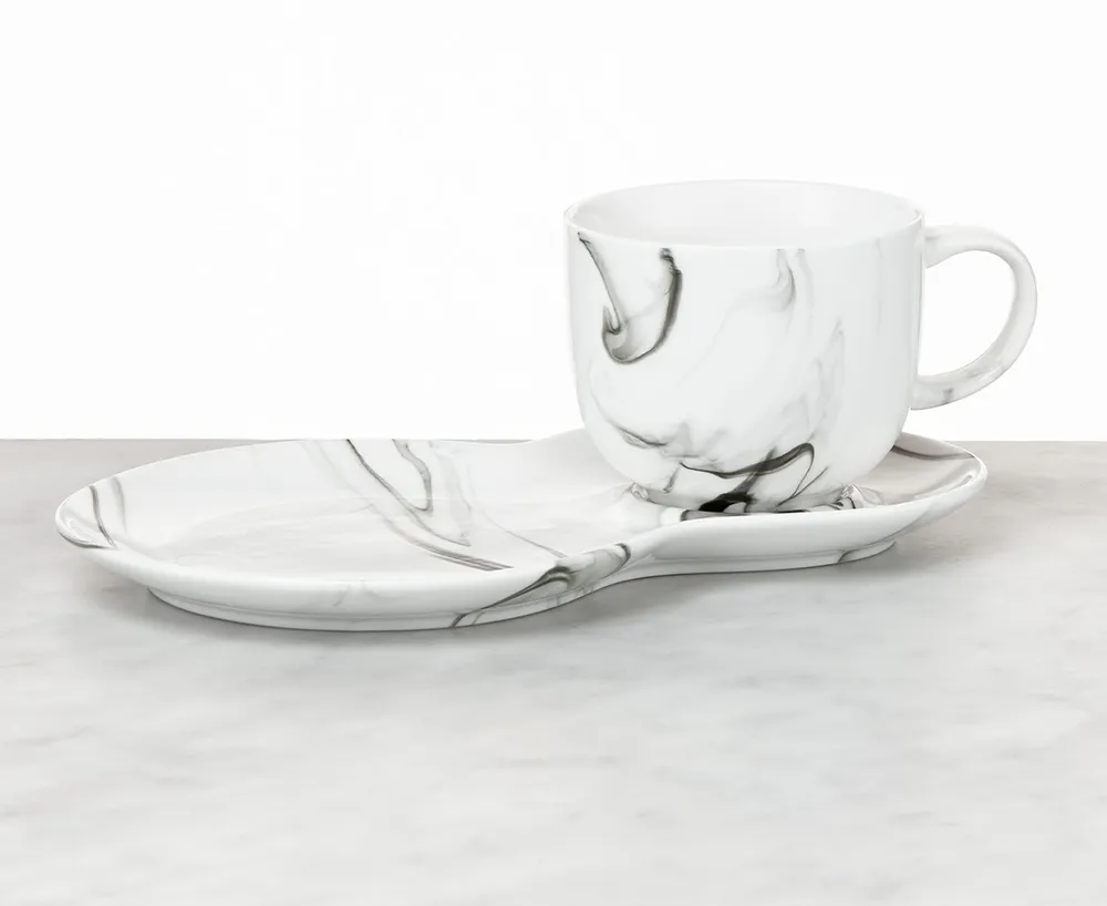 Marble Cup and Saucer Set, White & Grey, 300 ml