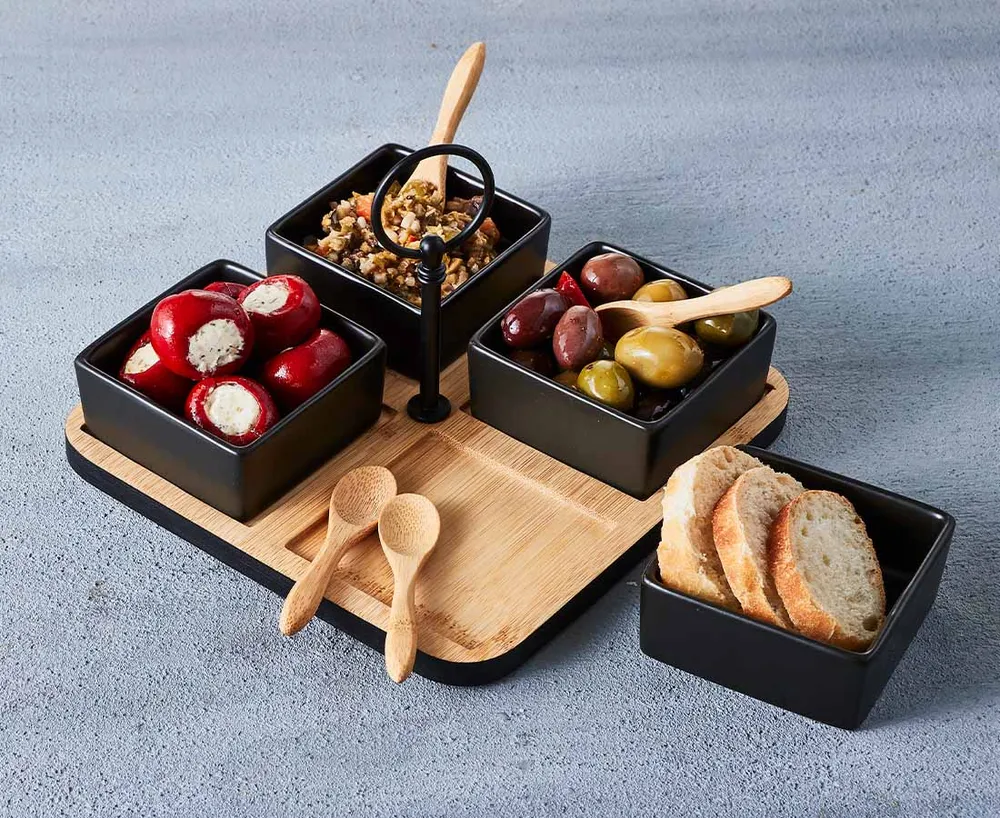 Onyx Square Bowls with Bamboo Tray & Spoons, Set of 9, Black