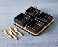 Onyx Square Bowls with Bamboo Tray & Spoons, Set of 9, Black