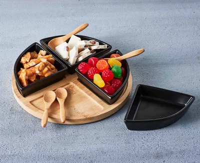 Onyx Triangle Bowls with Bamboo Tray & Spoons, Set of 9, Black