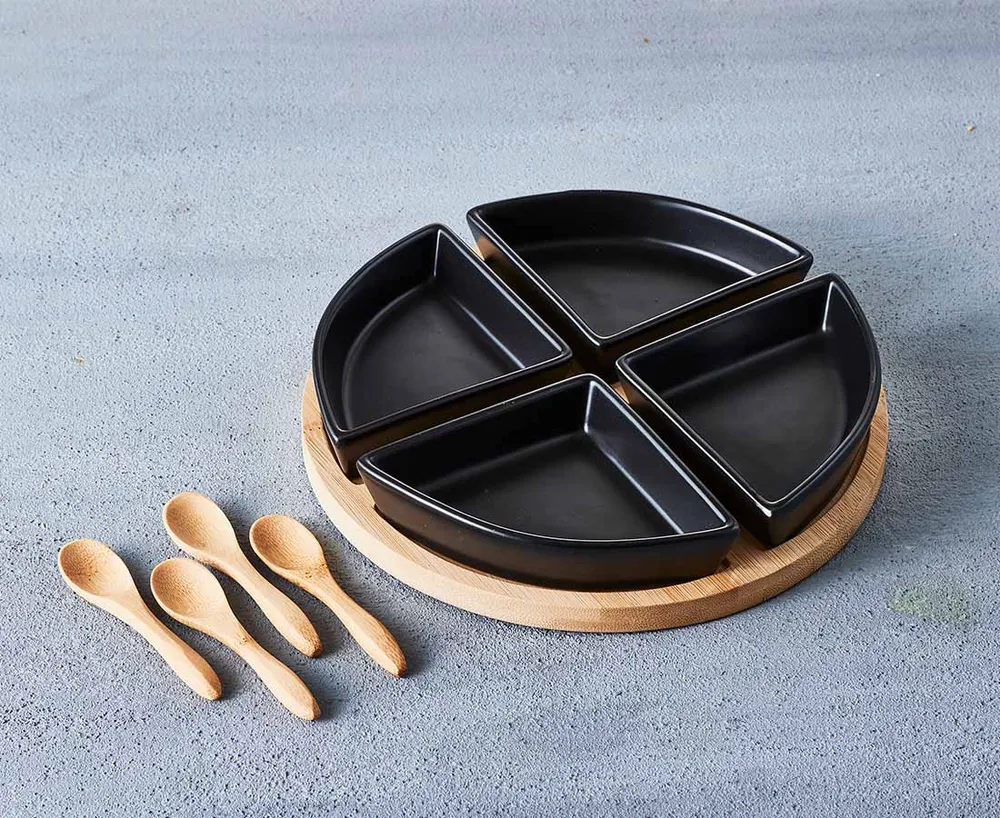 Onyx Triangle Bowls with Bamboo Tray & Spoons, Set of 9, Black