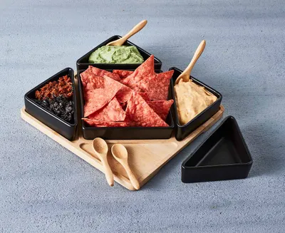 Onyx Triangle Bowls with Bamboo Tray & Spoons, Set of 10, Black
