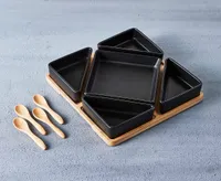 Onyx Triangle Bowls with Bamboo Tray & Spoons, Set of 10, Black