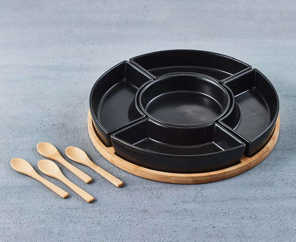 Onyx Round Bowls with Bamboo Tray & Spoons, Set of 10, Black