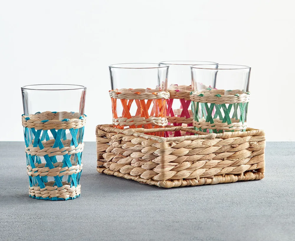 Cayo Glasses with Woven Sleeve and Tray, Set of 4