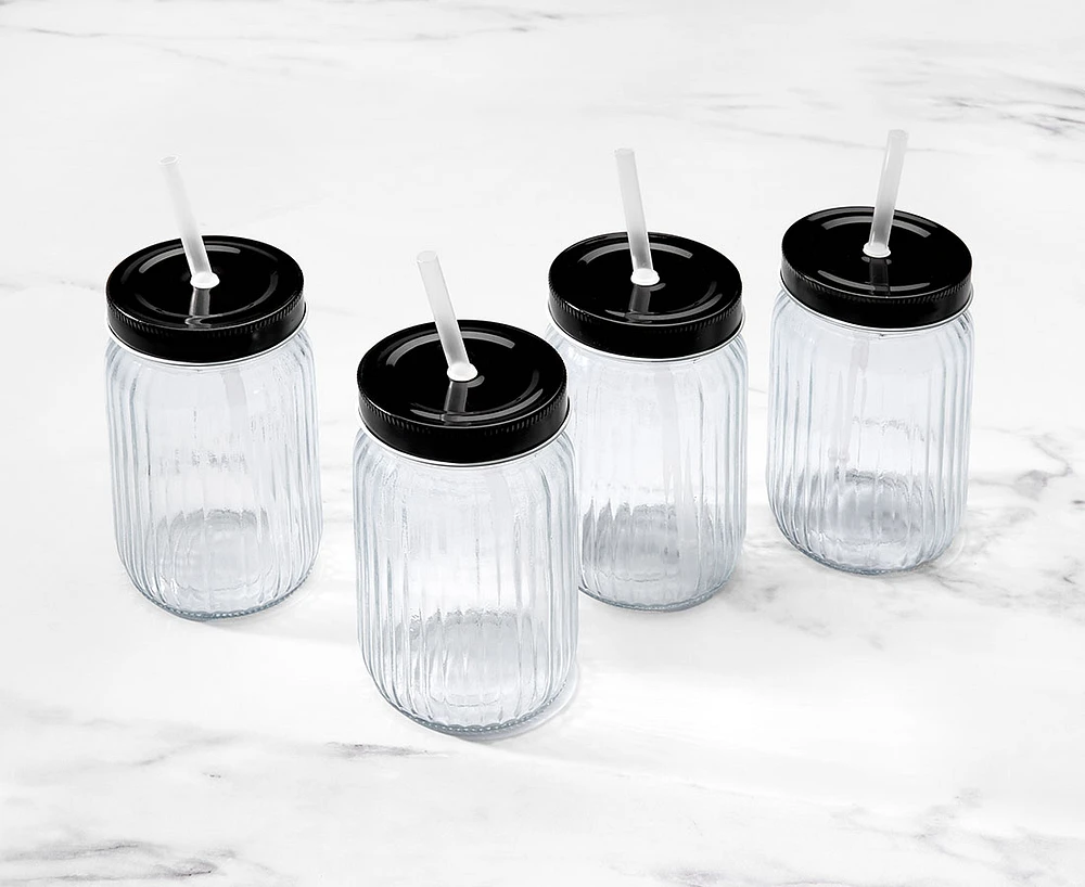 Ensemble de 4 verres avec couvercle et paille Liv, transparent et noir