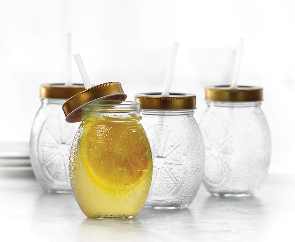 Ensemble de 4 pots à boire avec couvercle et paille Limon, transparent et or