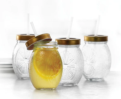 Ensemble de 4 pots à boire avec couvercle et paille Limon, transparent et or