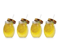 Ensemble de 4 pots à boire avec couvercle et paille Limon, transparent et or