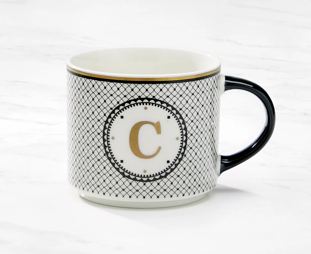 Monogram Mug with Letter C, Black and Gold, 480 ml