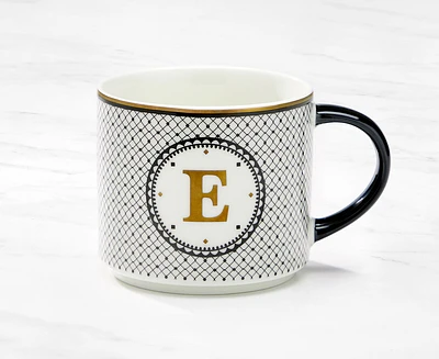 Monogram Mug with Letter E, Black and Gold, 480 ml