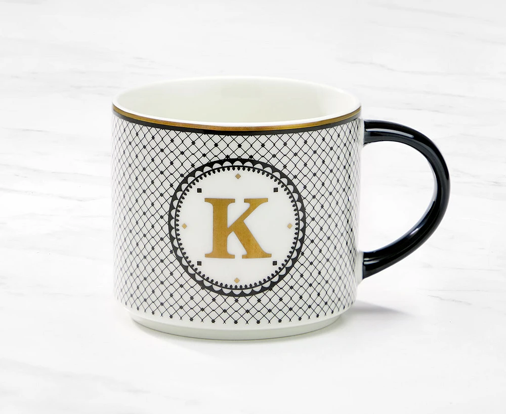 Monogram Mug with Letter K, Black and Gold, 480 ml