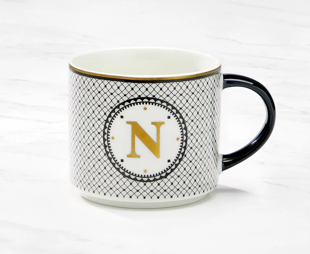 Monogram Mug with Letter N, Black and Gold, 480 ml