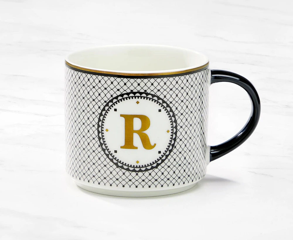 Monogram Mug with Letter R, Black and Gold, 480 ml