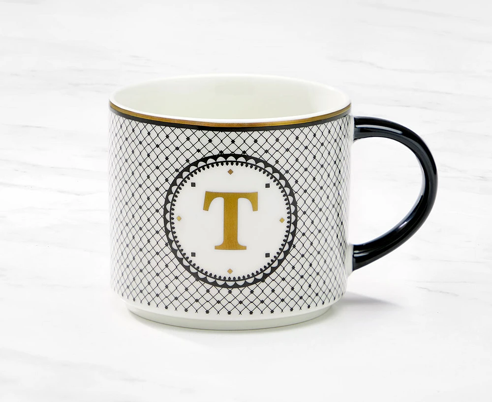 Monogram Mug with Letter T, Black and Gold, 480 ml