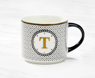 Tasse monogramme avec lettre T, noir et or, 480 ml