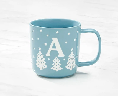 Tasse monogramme avec motif forêt et lettre A, bleu et blanc, 370 ml