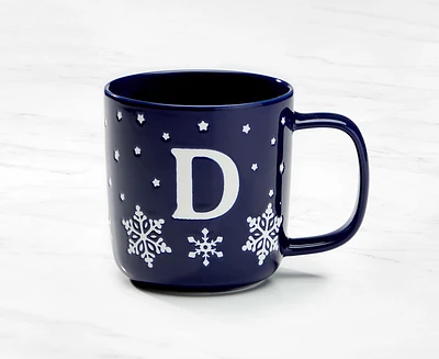 Tasse monogramme avec motif flocon de neige et lettre D, bleu marine et blanc, 370 ml