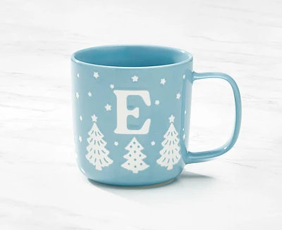 Tasse monogramme avec motif forêt et lettre E, bleu et blanc, 370 ml