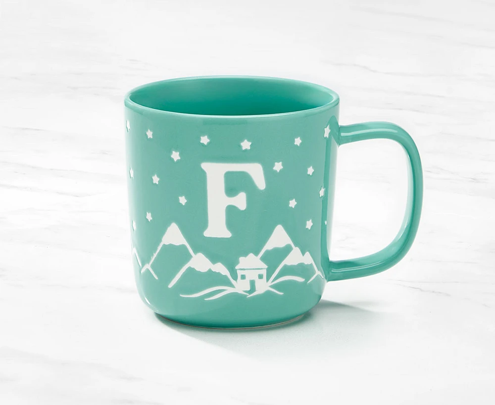 Monogram Mug Chalet design and Letter F, Teal and White, 370ML