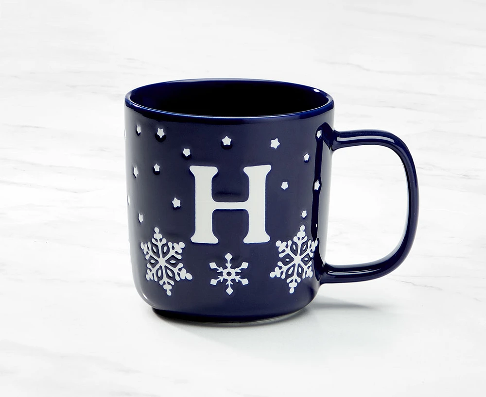 Monogram Mug Snowflake design and Letter H, Navy and White, 370ML