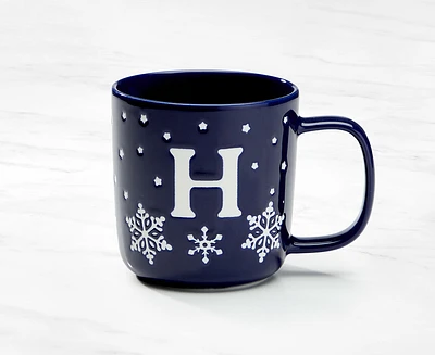 Tasse monogramme avec motif flocon de neige et lettre H, bleu marine et blanc, 370 ml