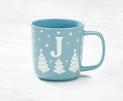 Tasse monogramme avec motif forêt et lettre J, bleu et blanc, 370 ml