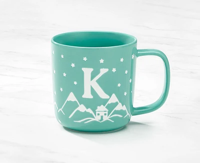 Tasse monogramme avec motif chalet et lettre K, turquoise et blanc, 370 ml