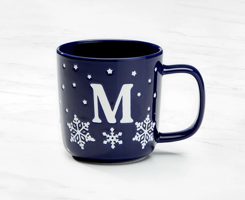 Monogram Mug Snowflake design and Letter M, Navy and White, 370ML