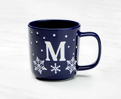 Tasse monogramme avec motif flocon de neige et lettre M, bleu marine et blanc, 370 ml