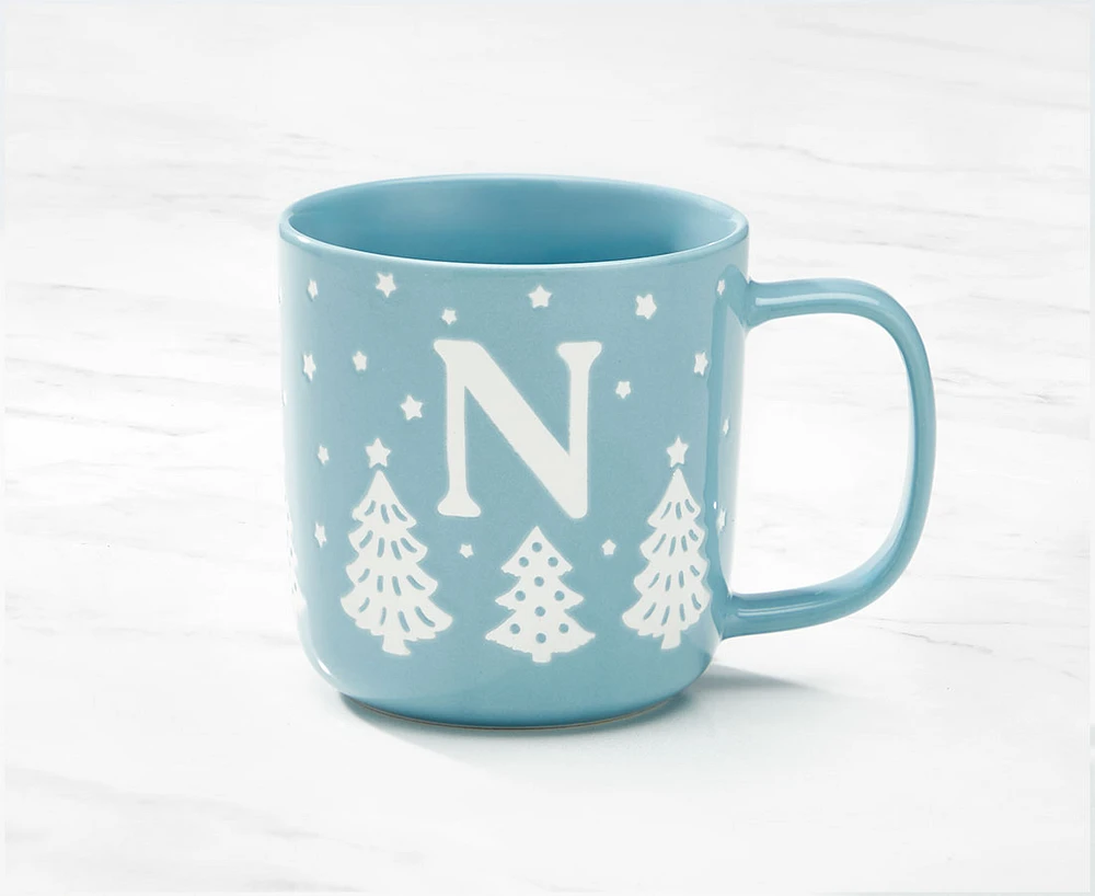 Monogram Mug Forest design and Letter N, Blue and White, 370ML