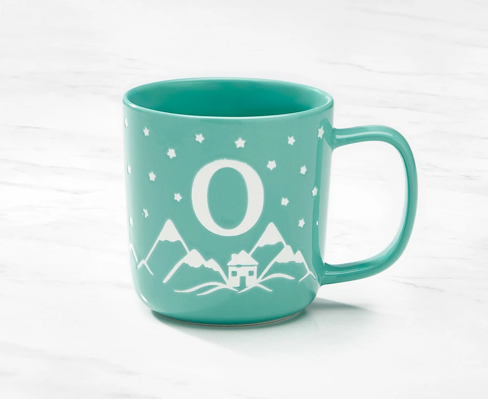 Monogram Mug Chalet design and Letter O, Teal and White, 370ML