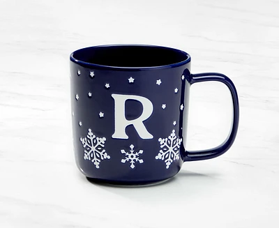 Tasse monogramme avec motif flocon de neige et lettre R, bleu marine et blanc, 370 ml