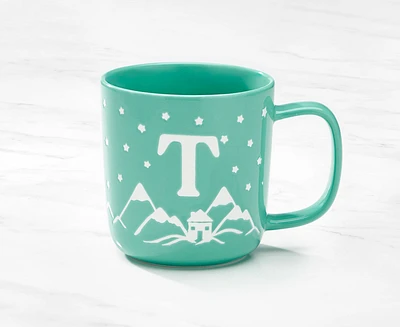 Tasse monogramme avec motif chalet et lettre T, turquoise et blanc, 370 ml