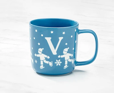 Tasse monogramme avec motif patin et lettre V, bleu et blanc, 370 ml