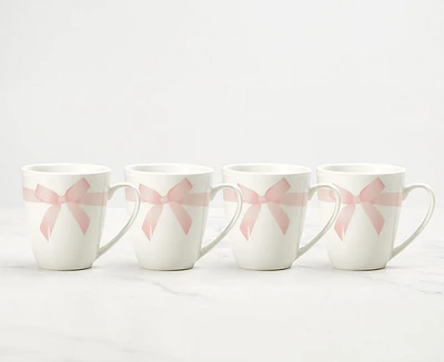 Ribbon Mugs, Set of 4, White and Pink