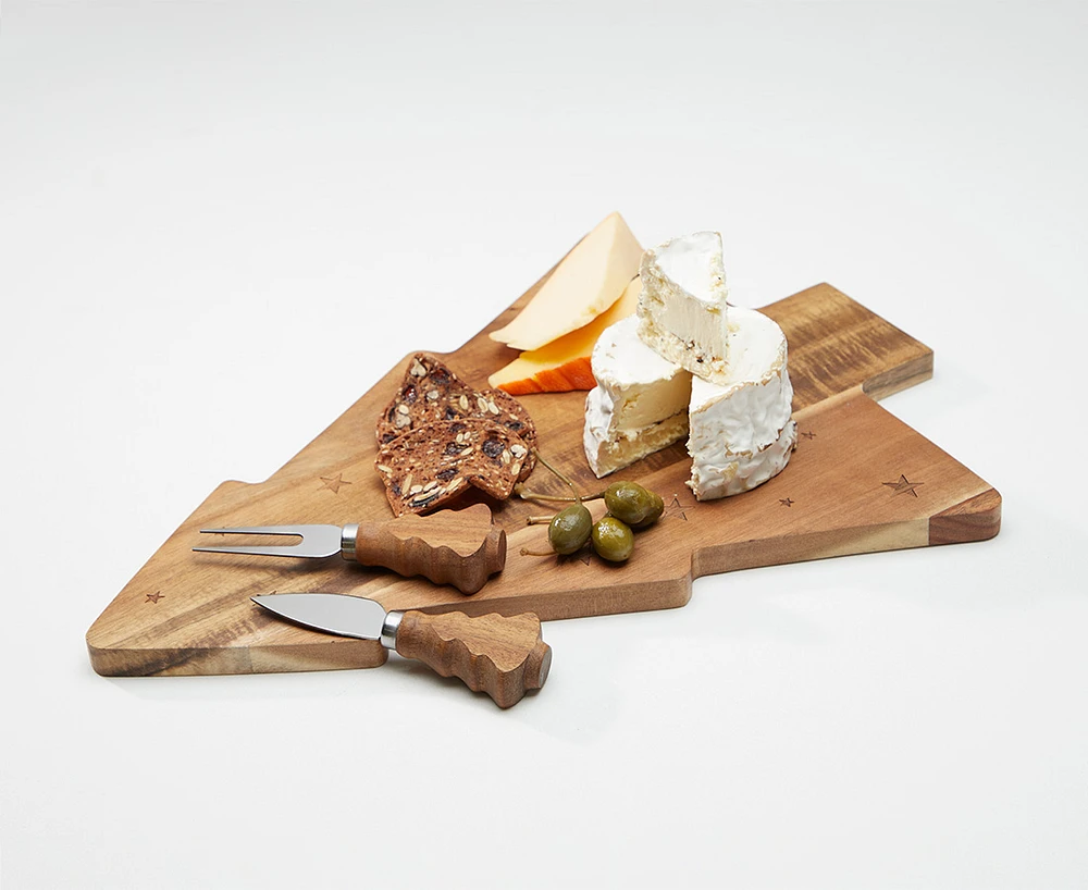 Festive Pine Serving Board with 2 Cheese Knives, 40 cm