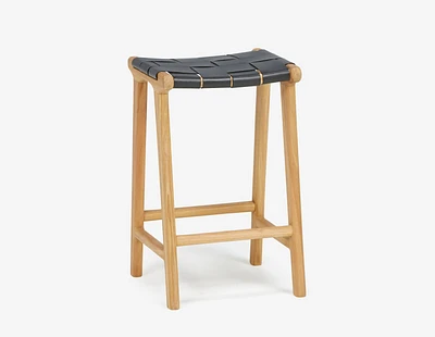 BENTA teak leather woven counter stool 66cm