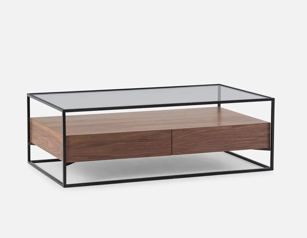 AXEL walnut veneer storage coffee table with tempered glass top 120 cm