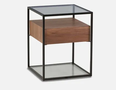 AXEL walnut veneer end table with tempered glass top 43cm